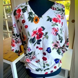 Joan Vass botanical floral print dolman sleeve lightweight sweater